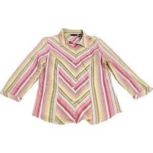 Apostrophe Womens L 3/4 Sleeve Button Up Shirt Multicolor Chevron Stripe Lurex